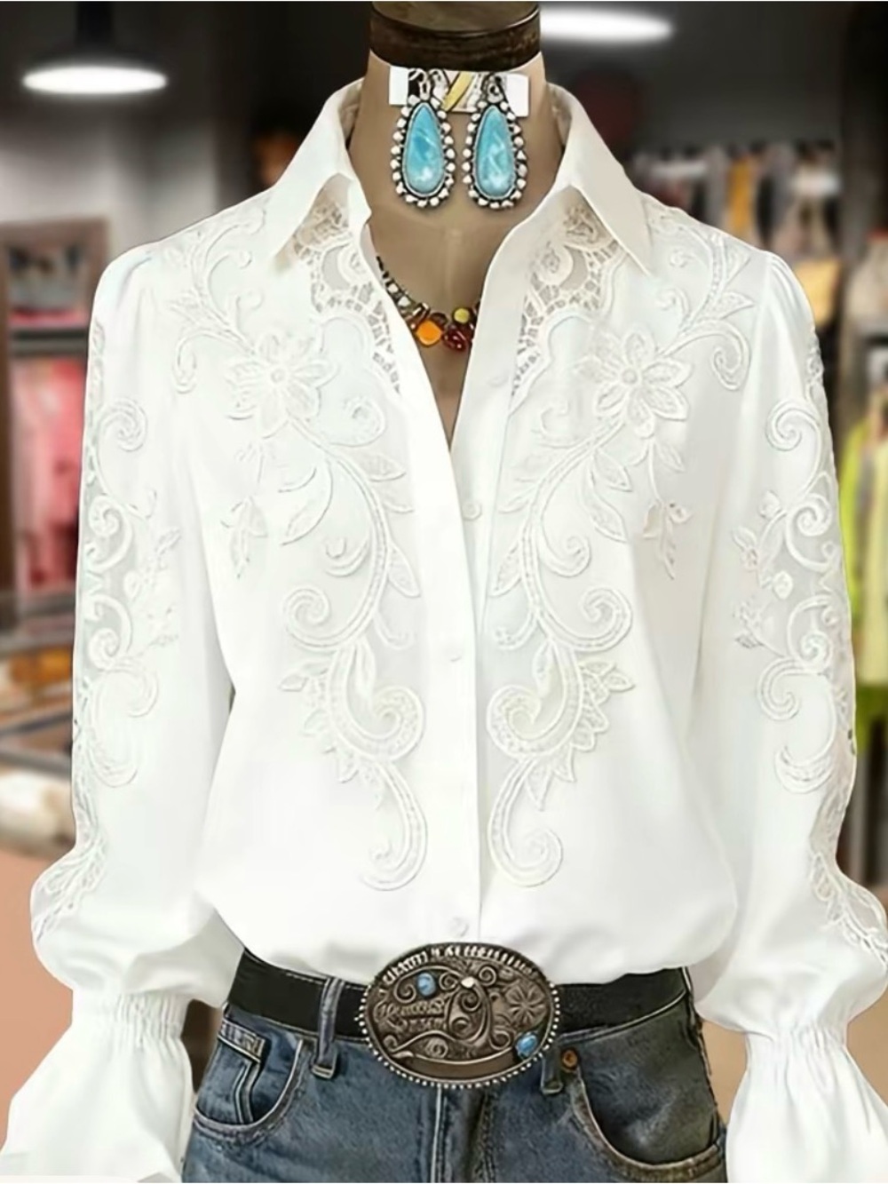 Embroidered White Button-Down Blouse